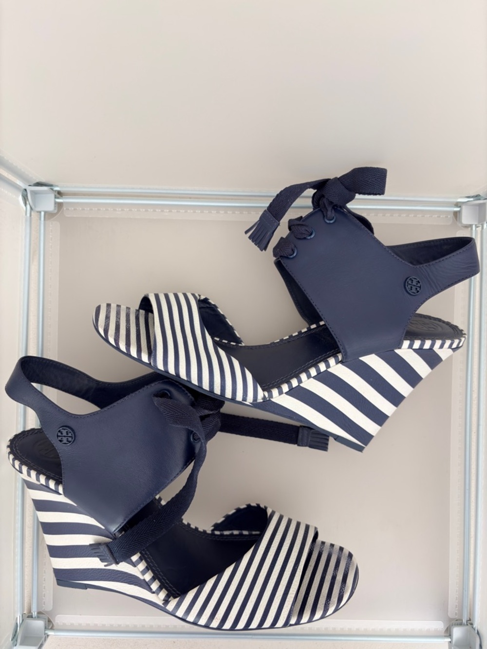Tory Burch Navy White Stripe Wedge Sandals Lace-Up Size 10M